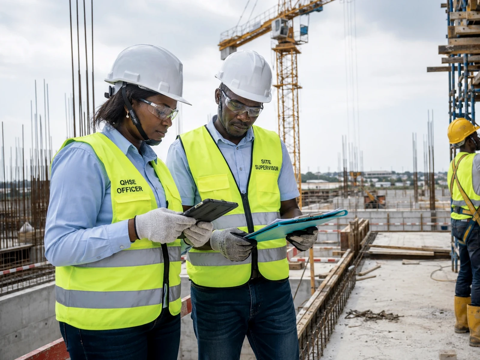 QHSE officer and site supervisor reviewing site safety and compliance requirements